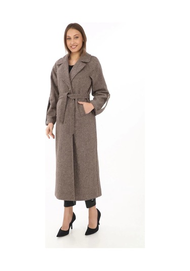 Kadın Uzun Kaşe Kaban Yünlü Dokuma Kaşmir Kumaş, Kruvaze Yaka, Kuşaklı Astarlı Tesettür Uyumlu Şık Vizon