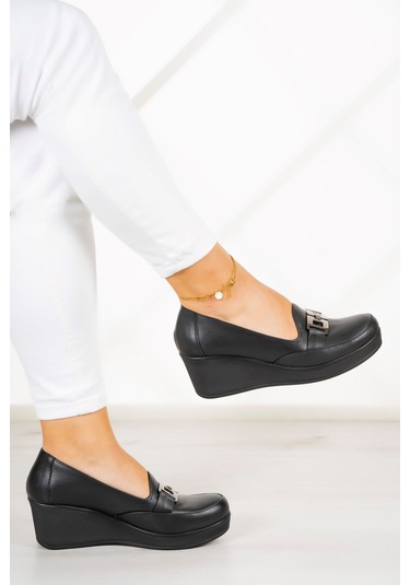 Erkan Saçmacı Dafne Siyah Hakiki Deri Dolgu Topuklu Günlük Ayakkabı