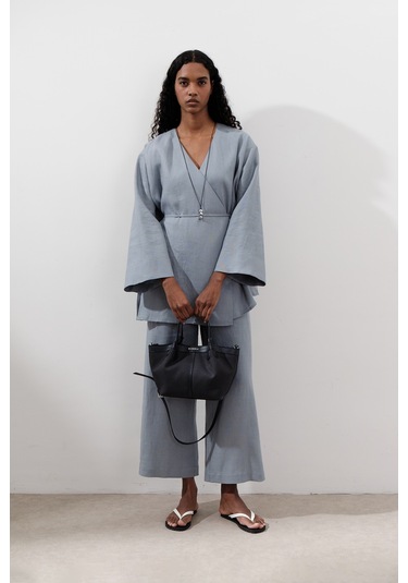 Keten Kruvaze Kapama Kimono Mavi Mavi