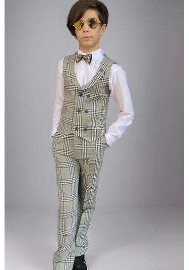 Riccotarz Erkek Çocuk Kare Desen Ve Şal Yaka Yelekli Yeşil Takım Elbise Yeşil