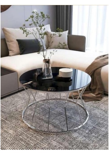 Kum Saati Zigon Orta Sehpa Gümüş Ayak Siyah Cam Gümüş - Siyah