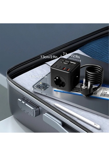 Xuweiwei Siyah 1.5 Metre Uzatma Kablosu 3 Ac Çıkışlı 2 Usb Portlu 2 Type-c Portlu Zamanlayıcılı 7si 1 Arada Ab Güç Şeridi Ev Ofis Seyahat İçin
