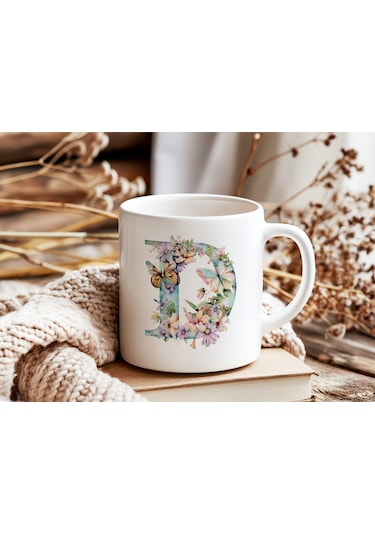 D Harfi Çiçekli Kupa Bardak - Soft Renk Çiçek Ve Kelebek Desenli Zarif Kahve Kupası - Bohem Beyaz