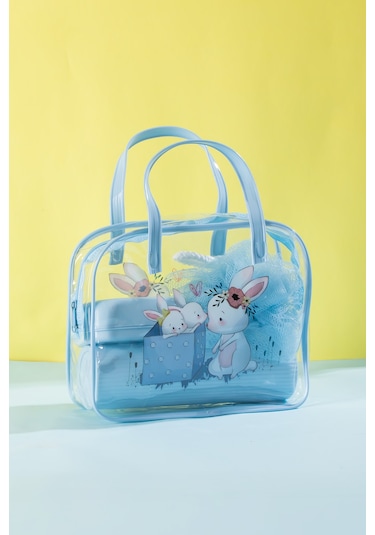 Porsima 3144 Tavşan Figürlü Seyahat Seti - Diş Fırçası Kutusu Banyo Lifi Sabun Kutusu Seyahat Çantası Mavi Mavi