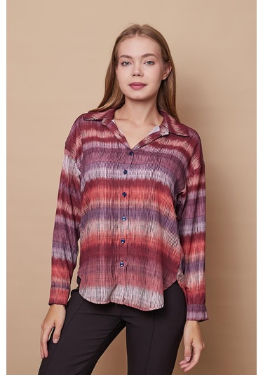 Kadın Desenli Yakalı Düşük Omuzlu Uzun Kol Şık Ofis Gömlek-Kiremit Çizgi Kiremit Çzg.
