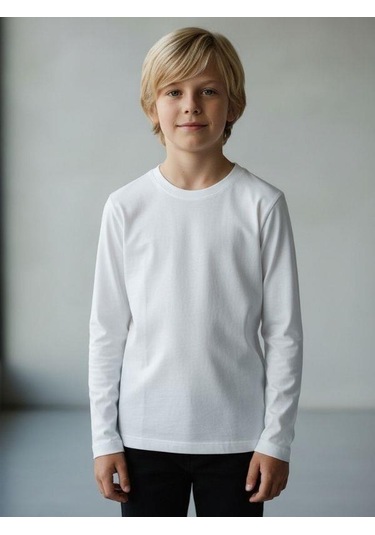 Zekids Erkek Çocuk Pamuklu Uzun Kol Basic T-shirt-16713 KREM