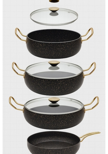 7 Parça Granada Granit Tencere Ve Tava Seti 20 Cm 2.5l, 24 Cm 4.5l, 26 Cm Basık 3l, 26 Cm Tava Gri