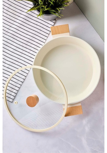 Cookwood Beige İndüksiyon Tabanlı Ahşap Kulplu Kapaklı Seramik Derin Tencere 24 Cm Bej Bej