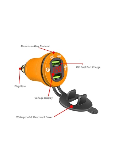 Youtek Bmw Araba/motosiklet Usb Şarj Cihazı, Qc3.0 Hızlı Şarj, Voltmetre, 12-24v, Kırmızı Alüminyum Kasa, Çift Usb Portu