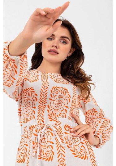 İnce Yaprak Dalı Desenli Yazlık Baharlık Keten Elbise 2102 Turuncu