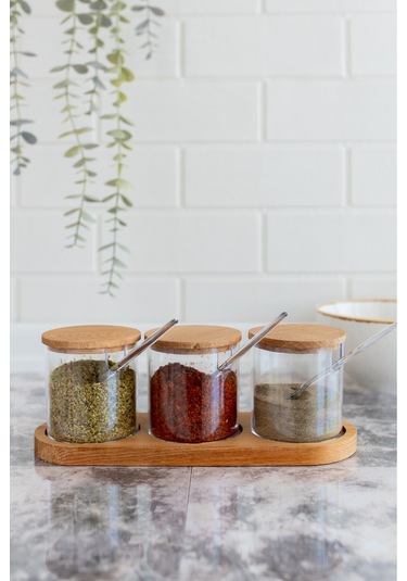 Flosoft Doğal Ahşap Kapaklı Kaşıklı 3’lü Mika Baharatlık, Ahşap Stantlı Sosluk Reçellik Baharatlık Seti Diğer