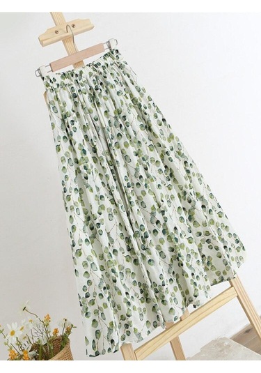 Qooth İlkbahar Yaz Kadın Yüksek Belli Çiçek Baskılı Etekler Elastik Bel Zarif Rahat Keten Pamuk Midi Yeşil Etekler Qt1712 Yeşil