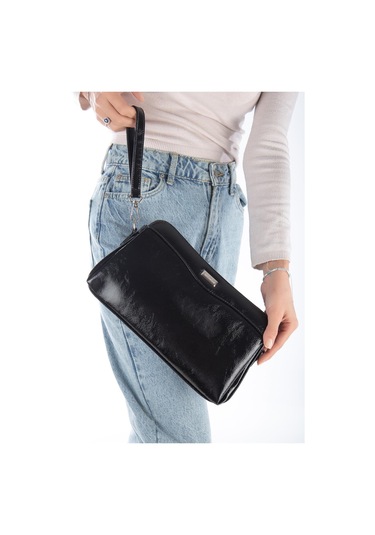 Kadın Portföy Cüzdan Çanta Siyah Rugan 3 Bölmeli Uzun Kısa Askılı-3225 Siyah