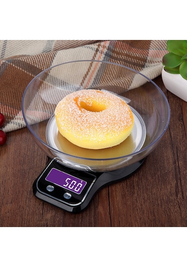 Vkemall Ev Mutfak Dijital Terazi: Paslanmaz Çelik Tepsi, 5kg/1g Hassasiyet, Lcd Ekran, Tare Fonksiyonu, 770ml Kase İle Pil Yok Siyah