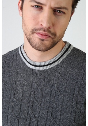 Ferraro Füme/A.Gri Bisiklet Yaka %100 Kuzu Yünü Erkek Kazak Füme Gri Füme