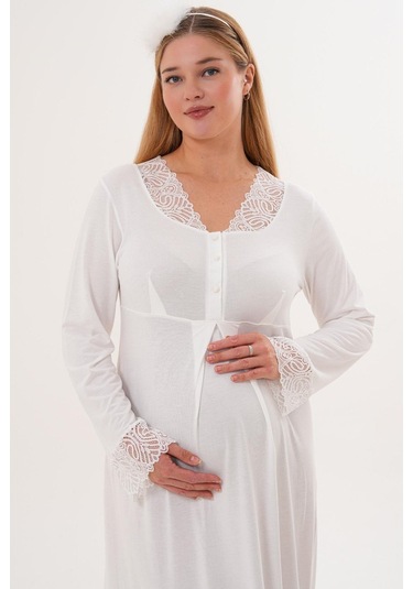 Mecit Pijama Mecit 6305 Ekru Hamile Lohusa Gecelik