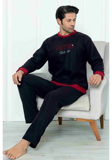 Falkom 7203 Yazılı Nakışlı Polar Kışlık Erkek Pijama Takımı Uyku Takımı Siyah