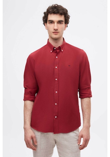 Ds Damat Slim Fit Bordo Oxford Düğmeli Yaka Kolay Ütülenebilir Nakış Detaylı Pamuklu Gömlek 4HC02ORT03265 Bordo