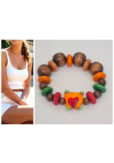 Murona Cam Boncuklu Ahşap Büyük Boncuklu Bileklik