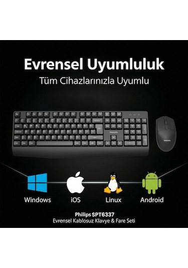Philips SPT6337 Kablosuz Türkçe Q Klavye & Mouse Seti Siyah