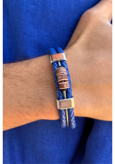 El İşçiliği İle Üretilmiş Hakiki Deri Erkek Bileklik Kahverengi - Mavi