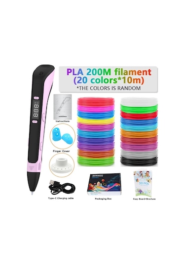 Xuweiwei Pembe 3d Yazıcı Çizim Kalemi Seti 3x3m Dıy Çizim Baskı Aleti 9m Pla Dolumlar Parmak Koruyucu Eskiz Defteri Lcd Ekranlı El Sanatları Aleti