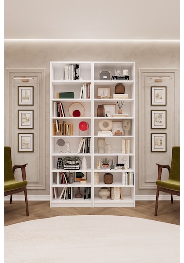 Asra Trend K-09 %100 MDF 120 cm 2 Modüllü Kitaplık 14 Raflı Kütüphane Beyaz