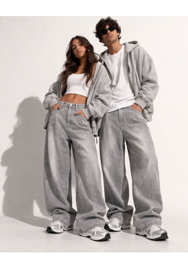 St.poll Gri Yıkamalı Unisex Baggy Jeans Pantolon Açık Gri