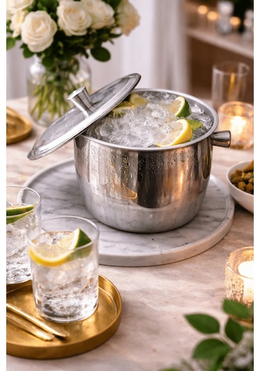 Kapaklı Termoslu Buz Kovası - Kulplu Paslanmaz Çelik Ice Bucket Gri