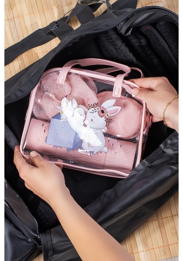Porsima 3143 Tavşan Figürlü Seyahat Seti - Diş Fırçası Kutusu Banyo Lifi Sabun Kutusu Seyahat Çantası Pembe