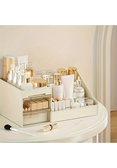 Sunshine011 Krem Ve Doğal Renkli Çok Katmanlı Makyaj Organizatörü: Çekmeceli, Bölmeli, Taşınabilir, Sağlam Krem