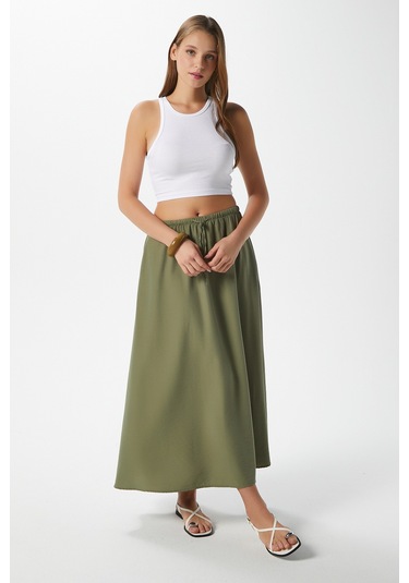 Kadın Trend Modal Serin Kumaş Haki Bel Lastikli Cepli Rahat Kalıp Uzun Etek