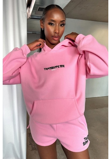 Thatsofetch Series 7 Sweatshirt - Pembe Baskılı Oversize Kapüşonlu Pembe
