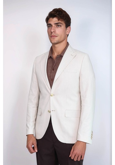 Ekru Çizgili Keten Dokulu Gold Renk Metal Düğmeli Slim Fit Erkek Blazer Ceket Wessi Cream