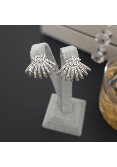 Vip Özel Seri Gümüş Renk Taşlı Abiye Kadın Küpe Gümüş