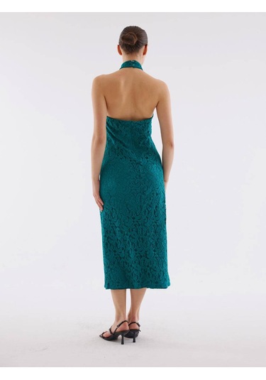 Dantel Halter Yaka Yeşil Elbise Standart