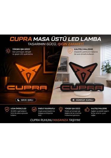 Cupra Masa Lambası , Cupra Logolu Led Işıklı Masa Lambası , Cupra Gündüz Gece Masa Lambası Siyah