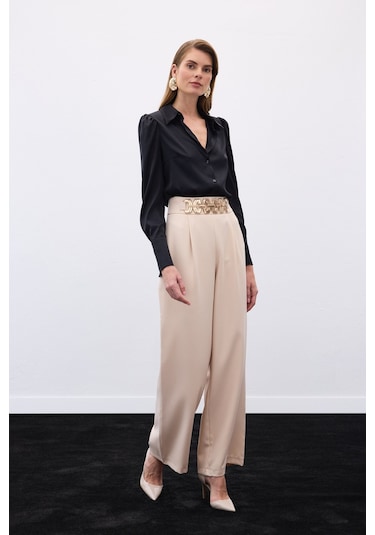 Sateen Kemerli Salaş Pantolon - Bej-136536 Bej