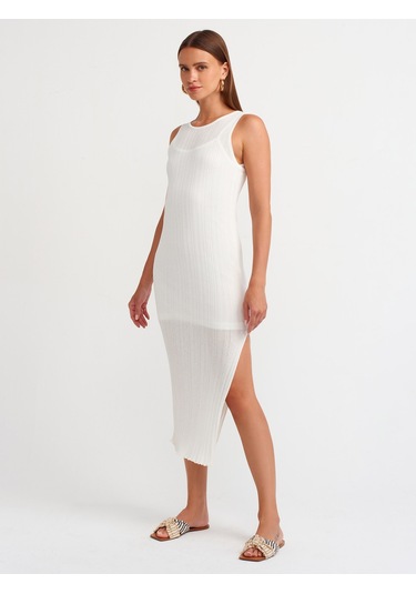 Dilvin Yırtmaç Detaylı İnce Triko Elbise Ekru
