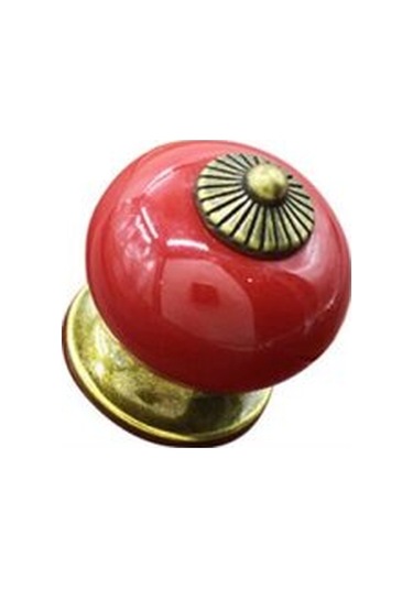 Dolap Kapağı Veya Çekmece İçin Kırmızı 5 Yuvarlak Seramik Düğme - Porselen Sap - Country Stili