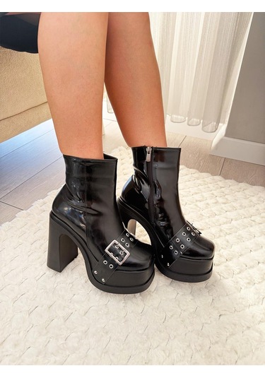 Asmi Shoes Kadın Latina 12 Cm Platform Topuklu Fermuarlı Bot Siyah Rugan Kapsül Siyah
