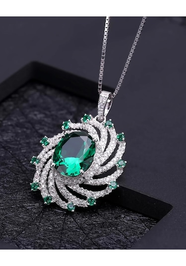 Brezza Lusso Jewelry Zümrüt Oval Taşlı Luxury Vintage Kadın Gümüş Kolye Küpe Set