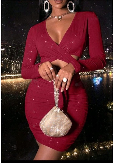 Simli Kruvaze Kesim Uzun Kollu Göğüs Dekolteli Mini Bodycon Elbise Kırmızı