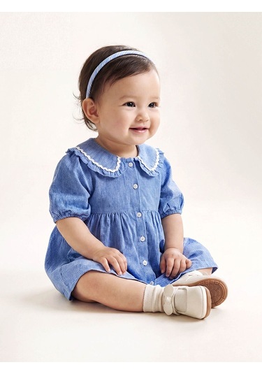 Meral Collection Mavi Nakışlı Bebe Yaka Kareli Kız Bebek Elbise Mavi