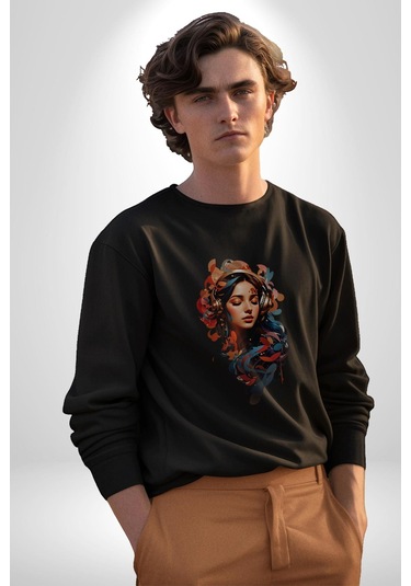 Müzik Dinleyen Kulaklık Yaprak Saçlı Renkli Unisex Siyah Baskılı Sweatshirt Siyah