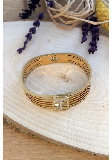 Allmisse Altın Kaplama Zirkon Taşlı Roma Rakam Detaylı Çelik Kaburga Bileklik