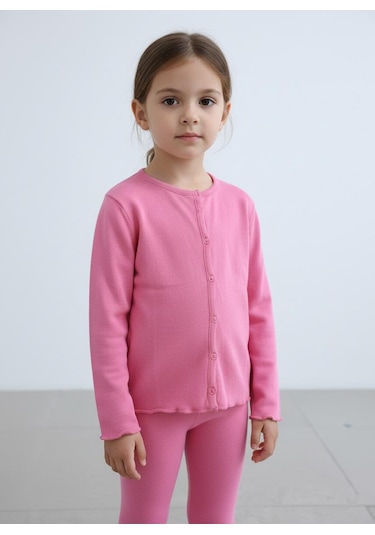 Kız Çocuk Fitilli %100 Pamuklu Düğmeli Hırka Koyu Pembe