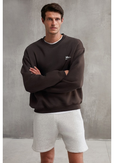 Ernest  Erkek Organik Pamuklu Yumuşacık Baskı Detaylı Bisiklet Yaka İçi Polarlı Kahverengi Sweatshirt