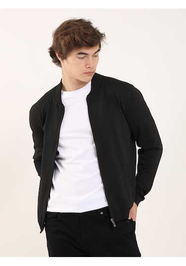 Dufy Siyah Erkek Slim Fit Bomber Yaka Triko - 96352 Siyah