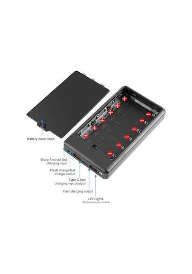 Vkemall Haweel 6 Hücre 18650 Levazımsız Pil Kutusu, 22.5w Hızlı Şarj, Ekranlı Taşınabilir Güç Kutusu, Siyah Renkli